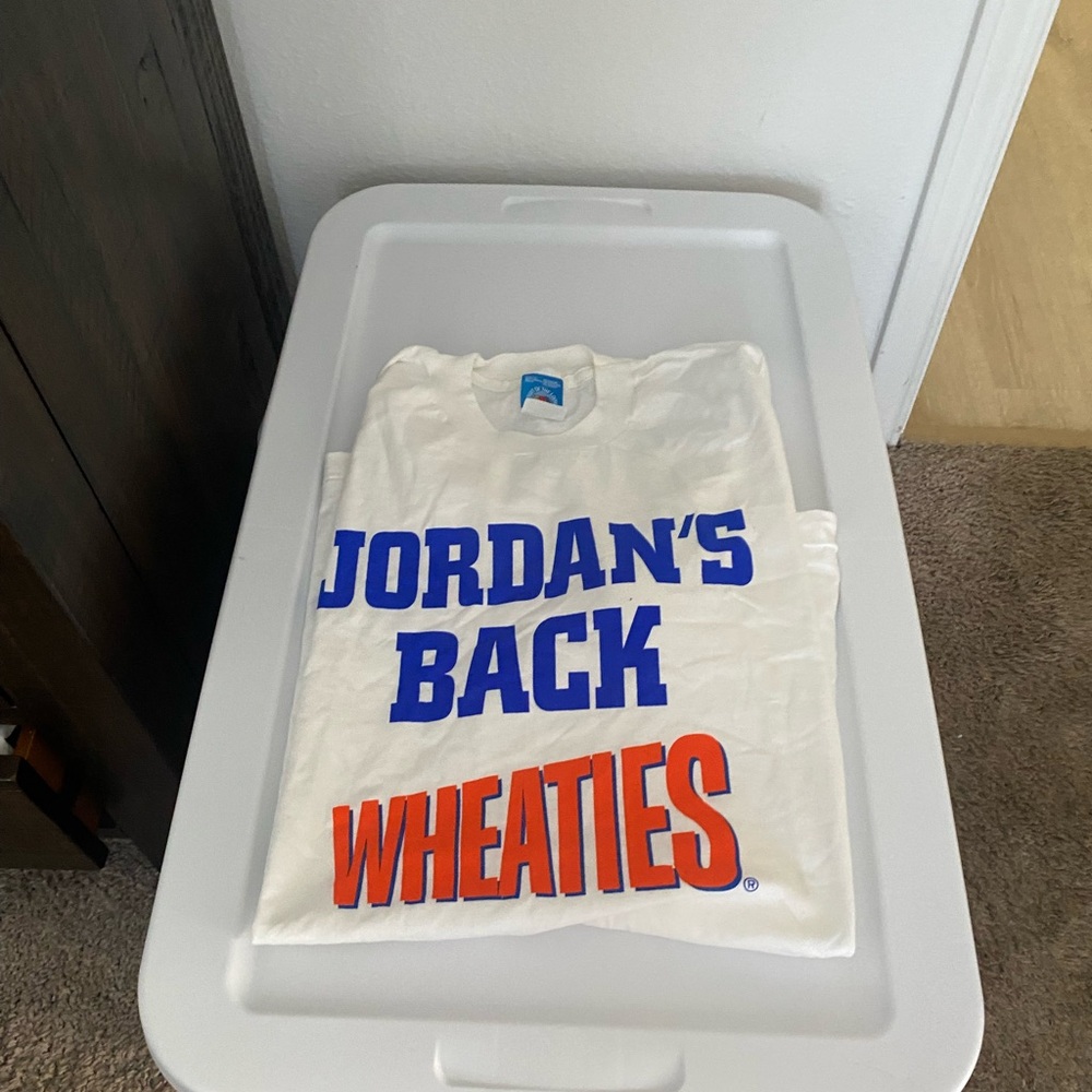 White Graphic Tee with Blue and Orange Print